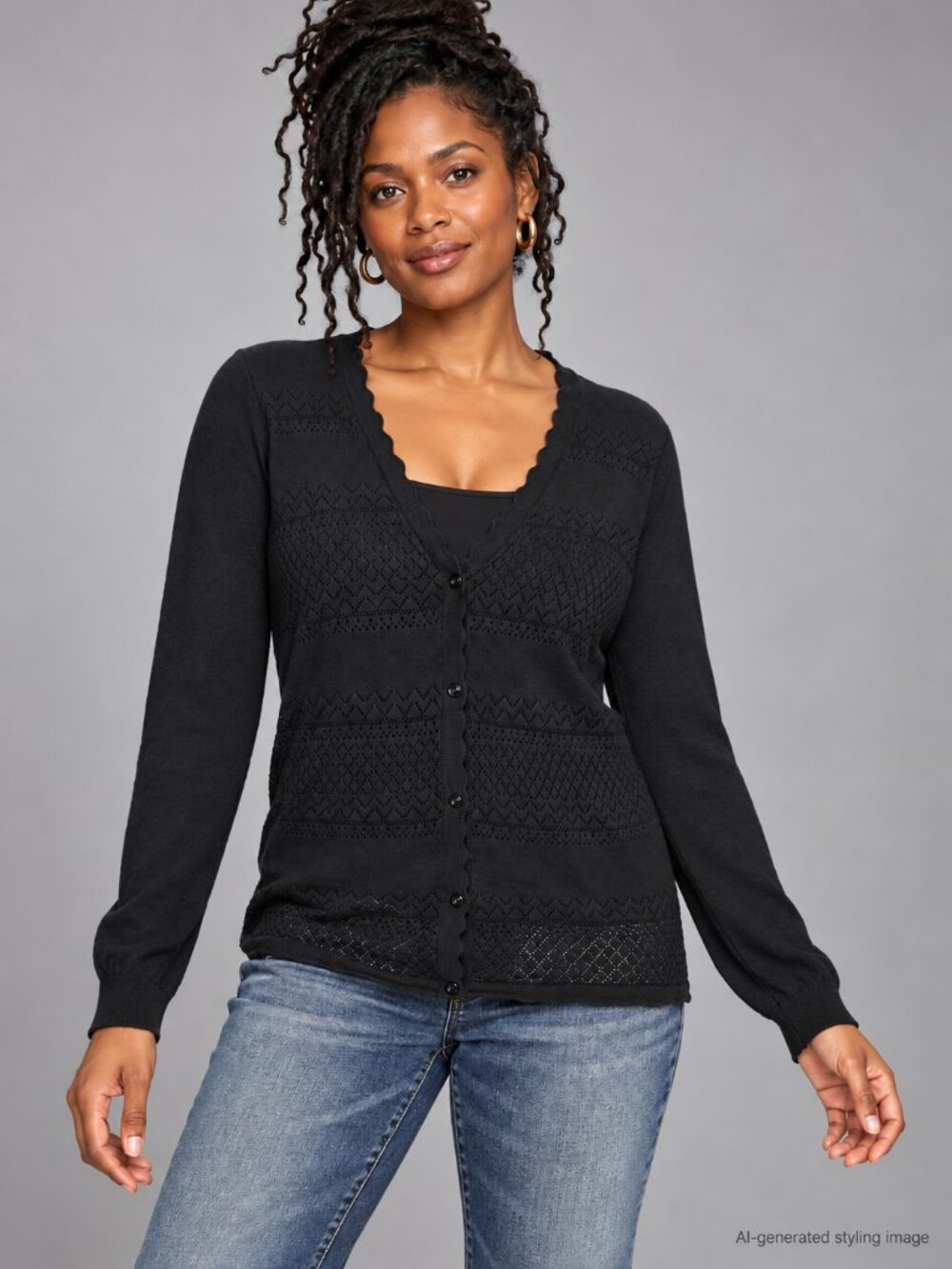 Frye Black Pointelle Scallop V Neck Button Cardigan L Romantic Minimalist